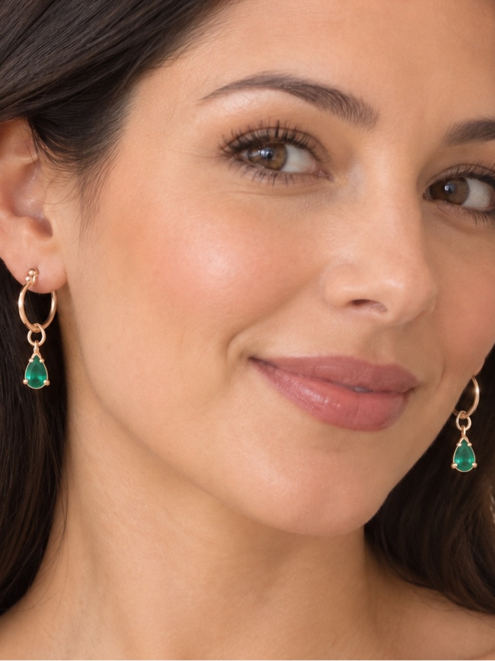 Gold Hoop Drop Earrings with Green Teardrop Gem NWT